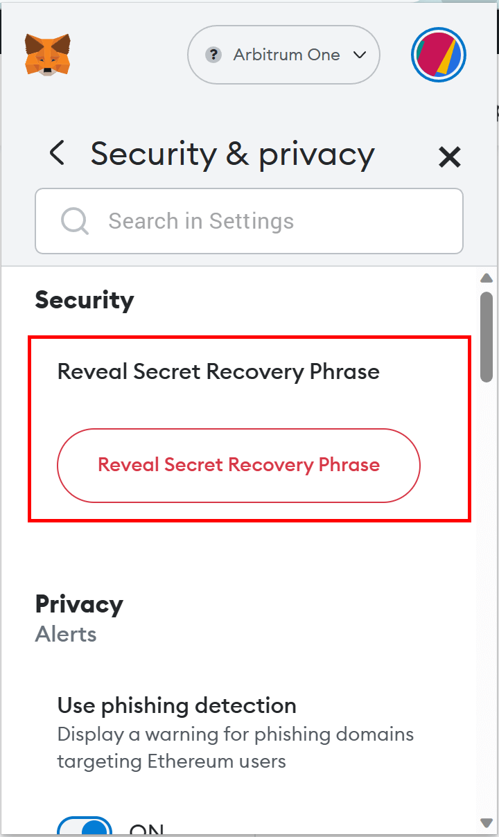 Reveal Secret Recovery Phrase on MetaMask extension